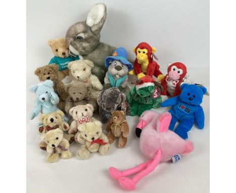 A collection of modern soft toys to include: jointed teddy bears in varying sizes, 2 x TY Beanie monkey's, TY dog, Russ Toys 
