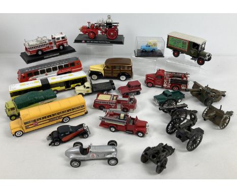 A collection of playworn mixed diecast vehicles to include: buses, vintage style cars, fire trucks and military field guns. E