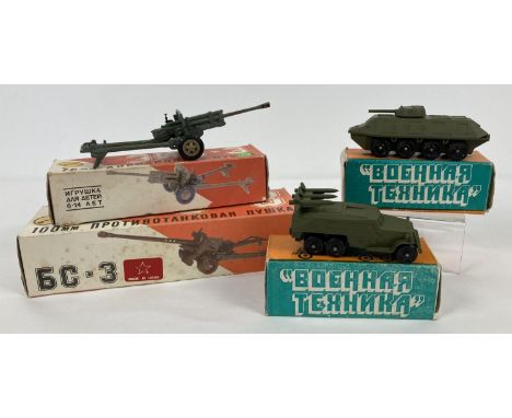 3 vintage Russian diecast military vehicles complete with original boxes, 2 by Boehhar Texhnka. Together with a field gun emp