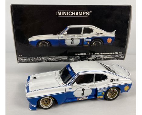 A Boxed 1:18 scale Minichamps Ford Capri RS 3100. K. Ludwig. Hockenheimring DRM 1975 diecast model. With original interior pa