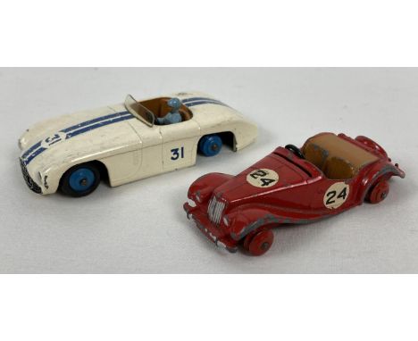 2 vintage Dinky toy cars. #133 Cunningham C-5R in white with blue stripe, No. 31 decals and driver (two tyres missing) - Good
