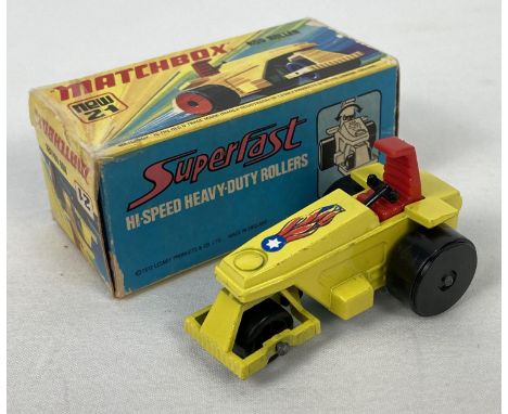 A boxed 1970's Matchbox Superfast Rod Roller #21. In yellow with star and flame decal. With hi speed heavy duty rollers. Vehi