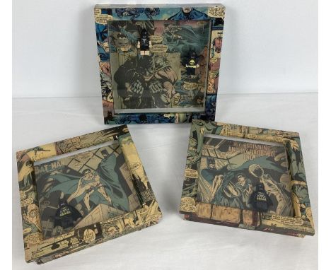 3 x 3 dimensional pictures with Batman Lego figures. Decorated with Batman comic book decoupage designs. Largest 20cm x 20cm,