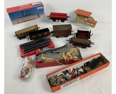 A box of vintage railway O and OO gauge wagons and accessories. To include boxed Girder Bridge, Horby-Dublo Meccano tin stati