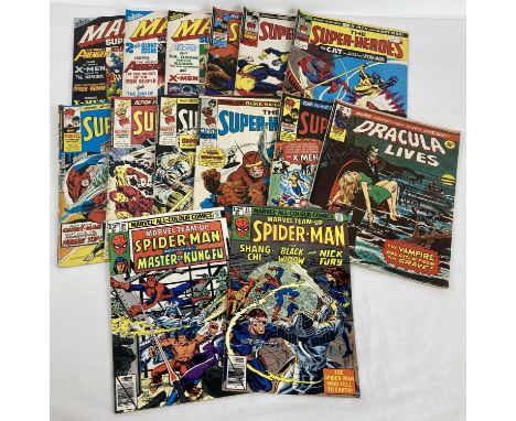 13 vintage comic books. 10 issues of "The Super-Heroes", along with 2 issues of "Marvel Team-Up Spider-Man", and 1 issue of D