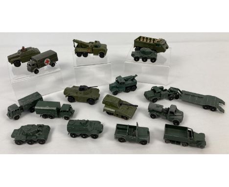 A collection of 16 Matchbox and Lesney vintage diecast military vehicles. To include: tank transporter, service lorry, Austin