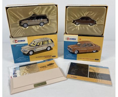 2 boxed Corgi 50th Anniversary diecast vehicles complete with original satin interior packaging, booklets and accessories in 