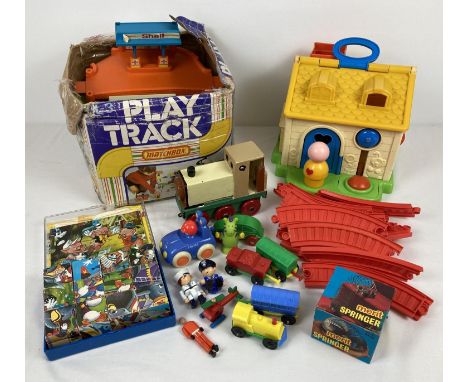 A collection of vintage toys to include a Fisher Price activity cottage (incomplete), a Matchbox Play Track part set with ori