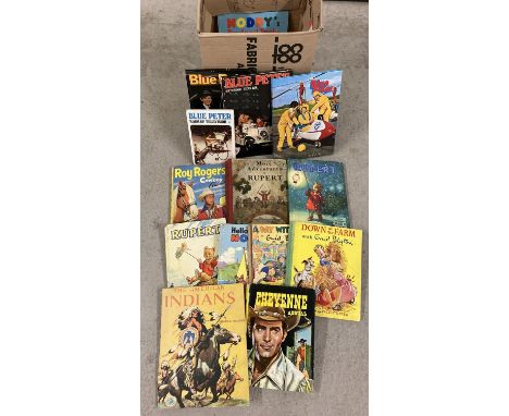 A box of children's vintage story books and annuals. To include Roy Rodgers Cowboy Annual, Cheyenne Annual, Blue Peter Sixth,