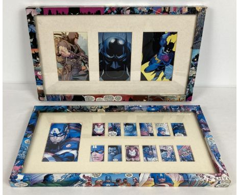 2 comic book pictures depicting Batman and The Avengers with decoupage decorated picture frames. Larger approx. 26.5cm x 45.5