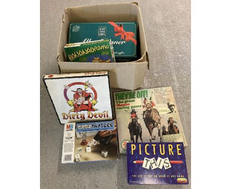 A box of assorted vintage board games. To include: a sealed unopened Dirty Devil game, Their Off racing game, Picture This dr