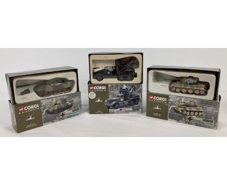 3 boxed limited edition new Corgi Classics from the "Fighting Vehicles" range. Comprising: #55601 US Army Diamond T Wrecker n