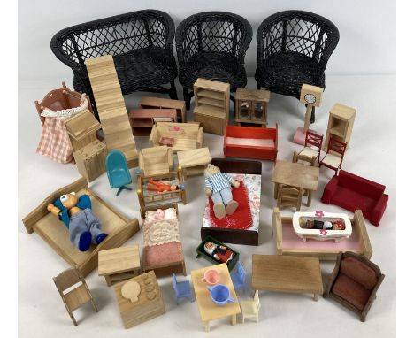 A collection of vintage plastic &amp; wooden dolls house furniture and accessories. To include Sylvanian Families from Epoch 