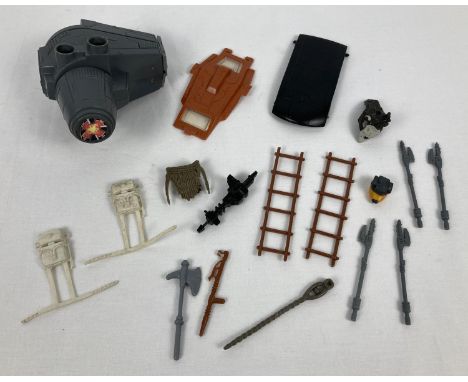 A collection of various vintage Star Wars figure and vehicle accessories. To include: Bib Fortuna battle staff, Lowgrays head