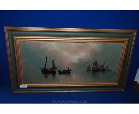 A signed Oil on canvas of Seascape with boats signed M. Pescher, (East Europe/Russia) in gilt and green frame