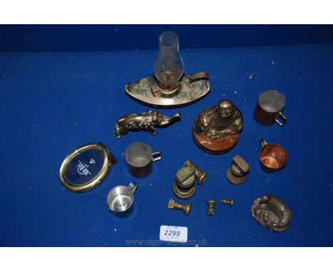A quantity of small brass items including photo frame, weights, elephant, alladin lamp, measures, etc.