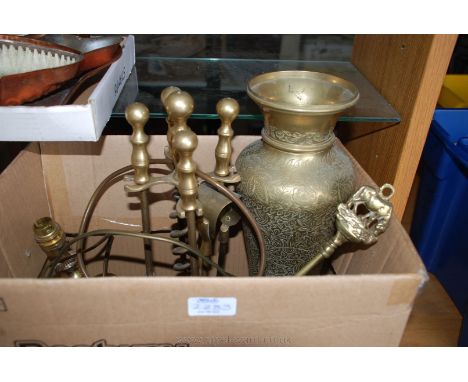 A Brass Companion set, two electric lamp Bases, toasting Fork, tall brass Vase, etc.