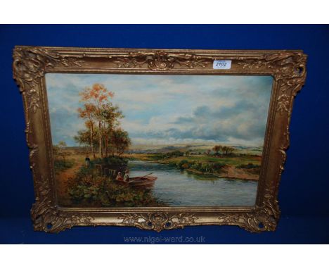 An Oil on canvas of river scene with figures punting, with landscape beyond, by C. Jackson