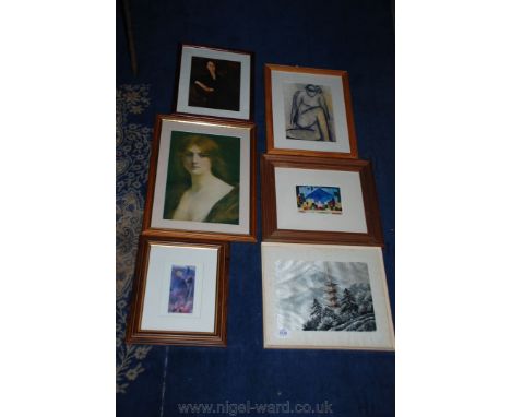 A quantity of Prints including portrait of lady, winter scene, etc.