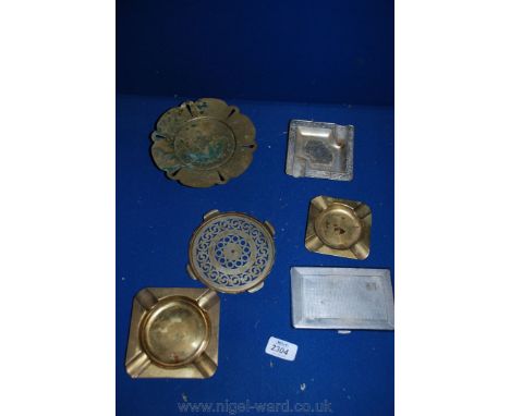 A Brass Butterfly Tazza, Three Ash Trays, A Stand & Cigarette Case with Engine Turned Decoration.