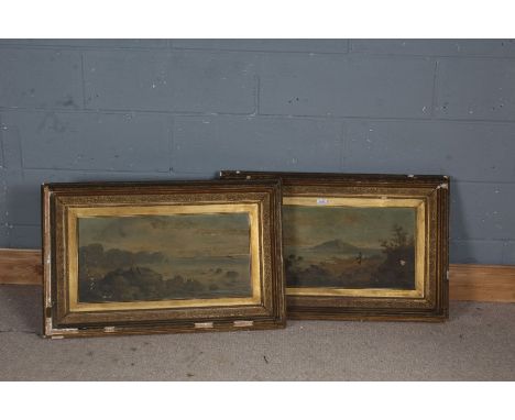 R Marshall (19th Century School), pair of landscapes depicting shorelines with figures and boats, signed oil on canvas, house
