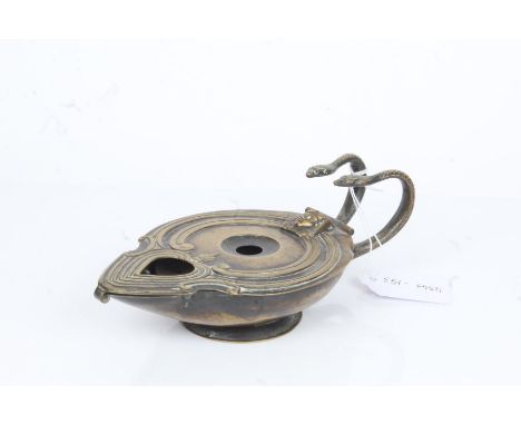 B &amp; A.B Patent Egyptian themed oil lamp, with scissor action snake cast handles above a pharaoh head and scroll cast body