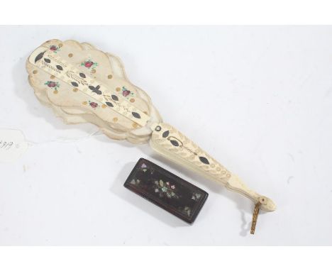 Victorian carved bone fan with floral decoration, together with a 19th Century&nbsp;papier mache and abalone shell inlaid rec