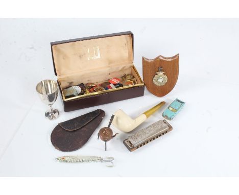 Mixed items to include a Dunhill pipe box with military pips, badges, P&amp;O egg cup, bijouterie etc., (qty)