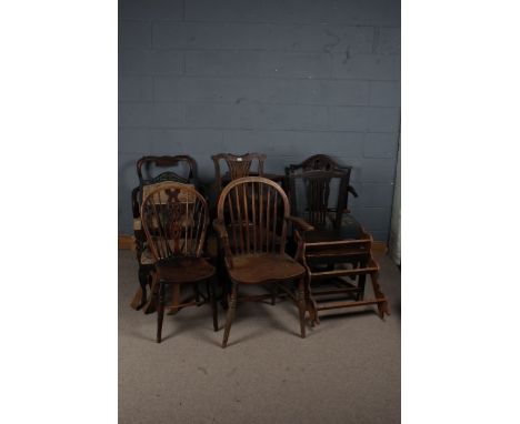 Seven various chairs, to include wheel and stick back design, Chippendale etc. (AF) together with a small hanging bookshelf a