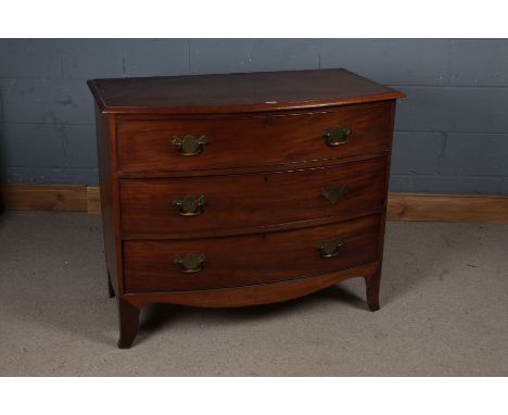 George III Mahogany Bow Fronted Chest of 3 long draws with swan neck handles raised on bracket feet, 107cm wide 88cm high 55c