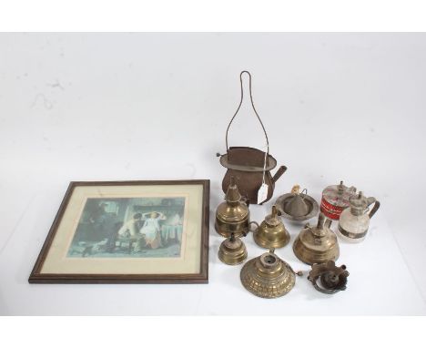 Collection of brass, glass and other lamps, to include a print depicting an interior scene with very similar lamp to the mant