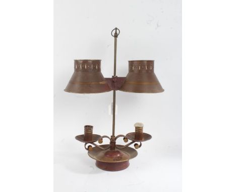 Regency style toleware bouillotte two light candle lamp, painted in iron red and gilt, with adjustable shade, 51cm tall