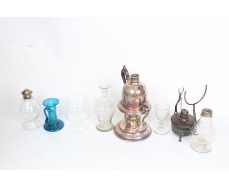 Silver plated brandy warmer, silver plated kettle and stand with burner, two ecclesiastical glass bottles, small spirit decan