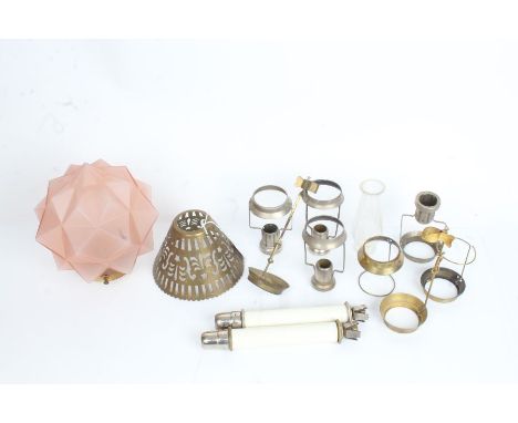 Two "The Arctic" candle lamps, glass lamp shade, pierced brass lamp shade, small oil lamp chimney, eight oil lamp shade mount