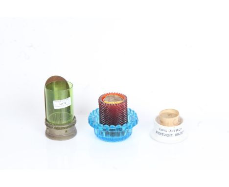 Price's fairly lamp red glass candle holder, "THE C.P. LAMP" blue glass candle holder, King Alfred nightlight holder, nightli