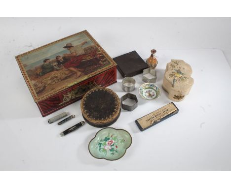 Mixed works of art, to include a glass perfume bottle in fitted case, a Victorian leather box and cover, a Chinese enamel dis
