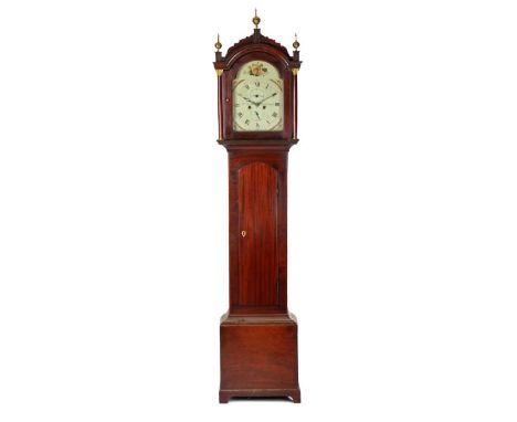 George III mahogany eight day longcase clock by Thomas Barker of Framlingham, the hood with triple brass orb finials and arch