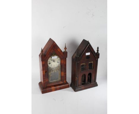 19th century American mantel clock, of gothic architectural form, 40cm tall, together with one other adapted with folk art fi
