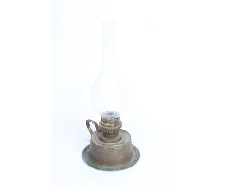 Hinks &amp; Son Birmingham chamber stick style oil lamp, with bulbous clear glass chimney above a brass reservoir and reeded 