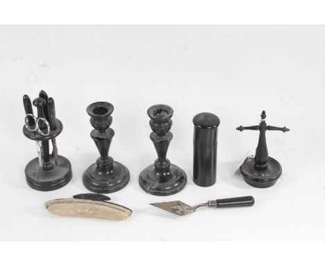Ebony dressing table set consisting of manicure set and stand, pair of candlesticks, jewellery stand, pot and cover, nail buf
