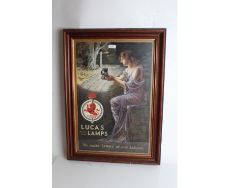 Reproduction Lucas Lamps poster, "We make light of our labour", housed in a glazed frame, the poster 38.5cm x 58cm