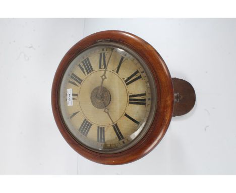 Victorian mahogany cased postman's alarm clock, the dial with roman numerals, with a pendulum, 28cm diameter