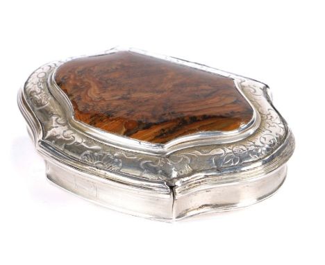 18th Century silver and agate set snuff box, the shaped box with agate set to the lid and a foliate chased scroll border, gil