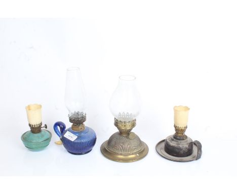 Alformant brass oil lamp, two hand oil lamps, small blue painted oil lamp (4)