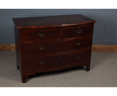 George III Mahogany Bow Fronted Chest of 2 short 2 long draws with swan neck handles, raised on bracket feet, 111cm wide 82cm