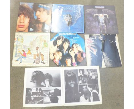 LP records; three Rolling Stones, Black and Blue, Sticky Fingers and Through The Past, Darkly; Dylan, Howlin' Wolf and two Ea