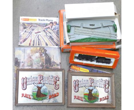 A Lima Engine Shed, boxed, Hornby R857 Ivatt Class 2 Locomotive, two Union Pacific mirrors and three Hornby catalogues