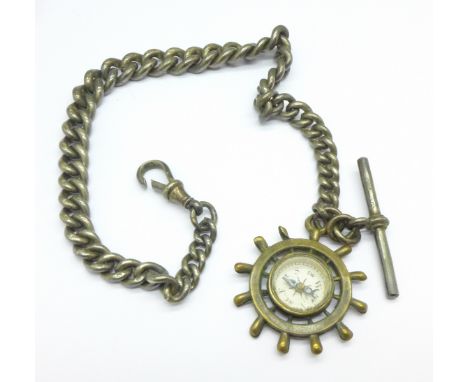 A graduated silver watch chain, all links marked, with compass fob, clip a/f, 55g