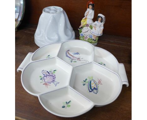 A Poole dish, a Shelley jelly mould and a flatback figure