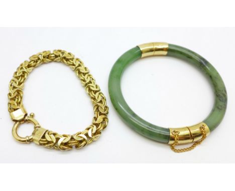 A jade bangle with plated hinge and clasp and a QVC silver gilt bracelet